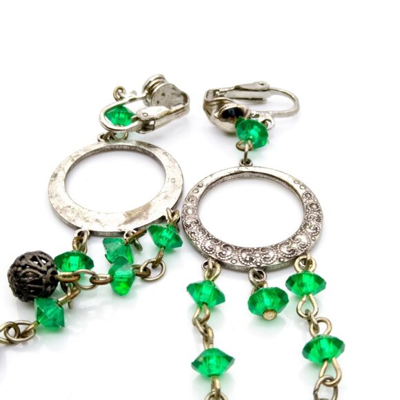 Summer Green Shoulder Duster Earrings, Vintage Chased Hoops with Green Bicone - Picture 4 of 4